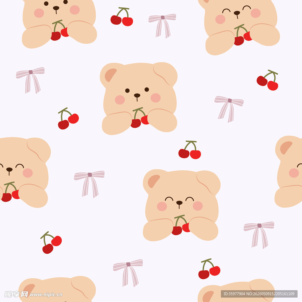 小熊樱桃图案可爱无缝背景
