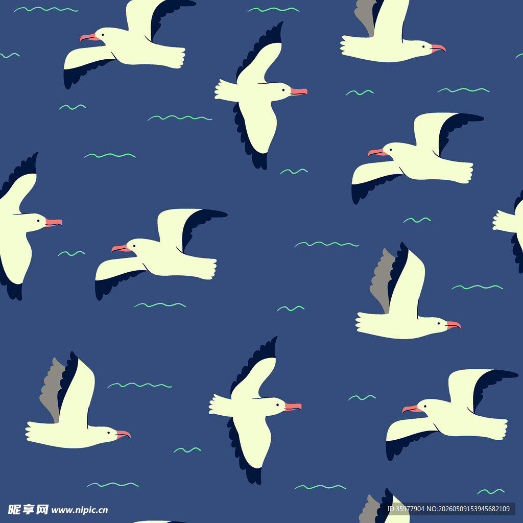 海鸟在蓝色海面飞翔图案