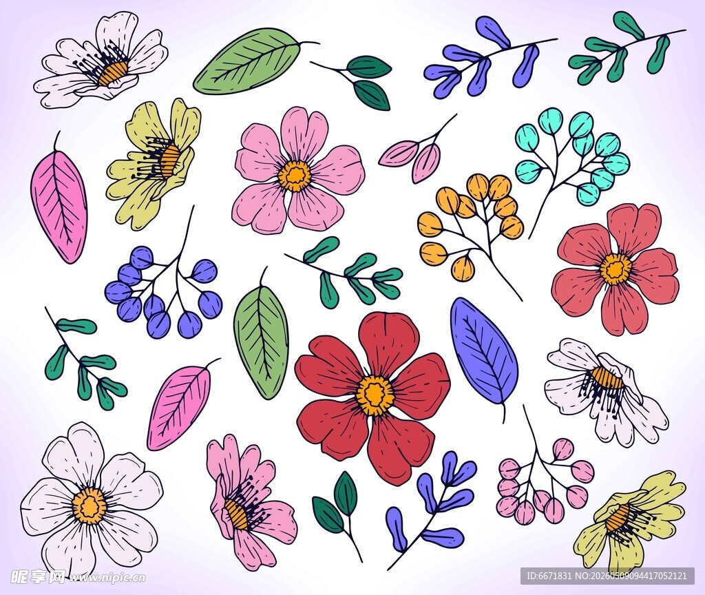 手绘多彩花卉与昆虫图案