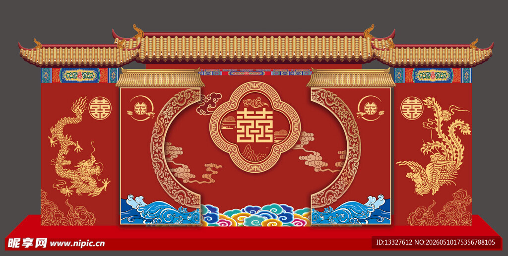 中式古典雕花红色屏风