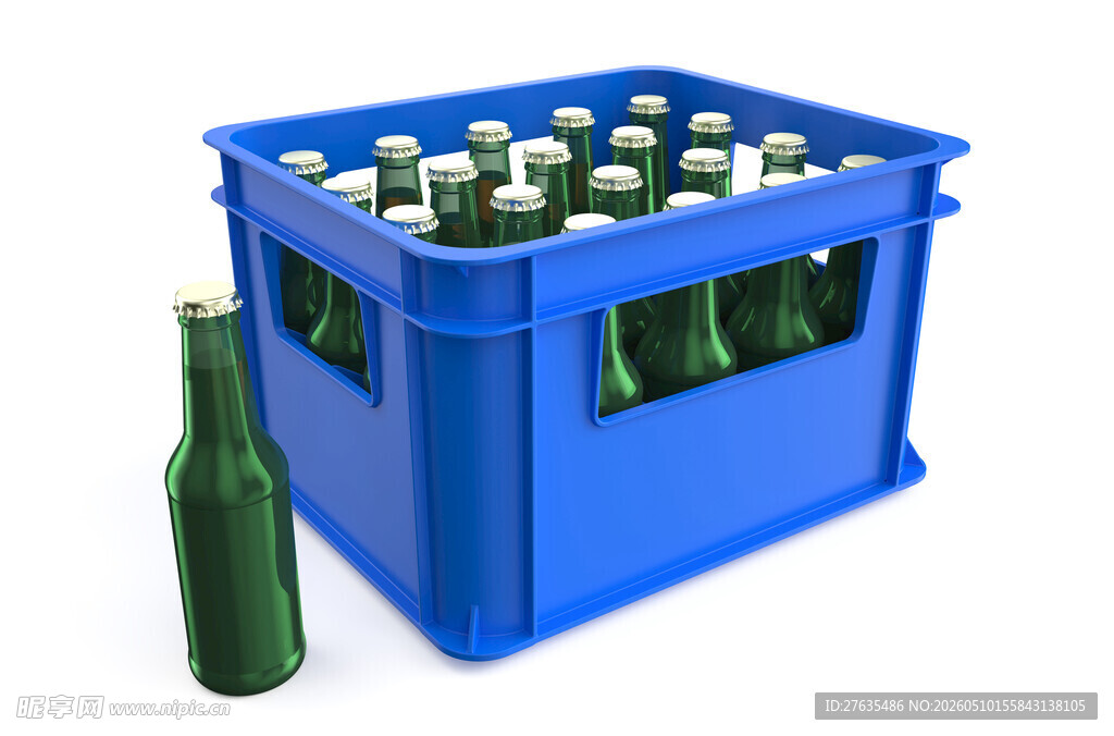 蓝色箱装绿啤酒瓶