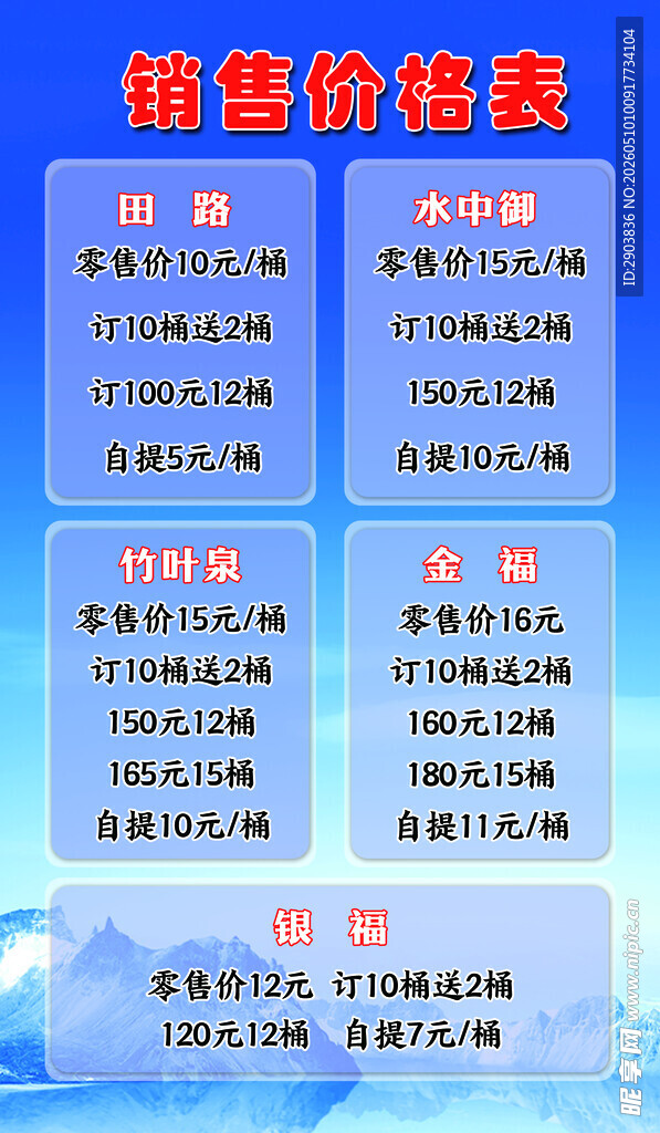 桶装水销售价格表