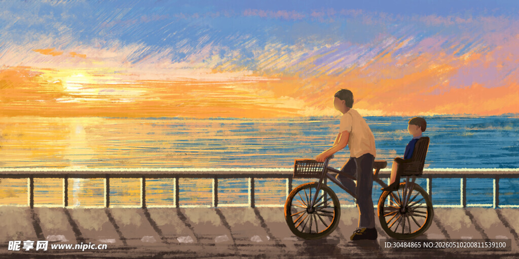 夕阳下父子海边骑车赏景