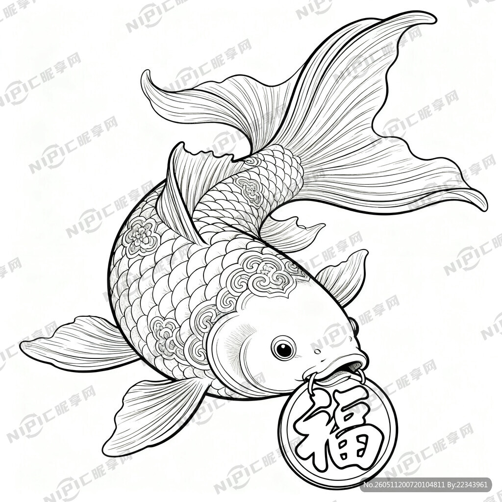 工笔画线稿：锦鲤送福
