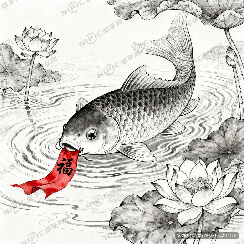 工笔画线稿：锦鲤送福 