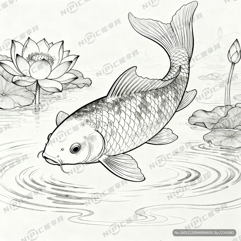 工笔画线稿：锦鲤 