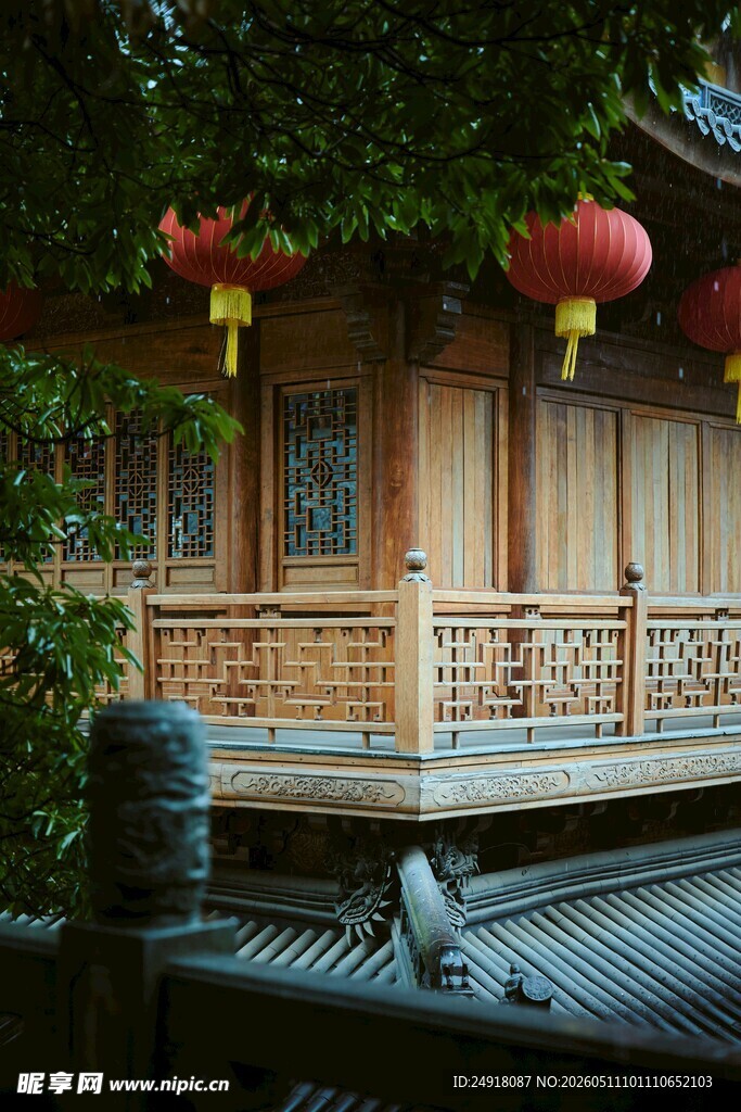 中式庭院中的静栖飞鸟