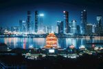 城市湖畔古塔夜景风光