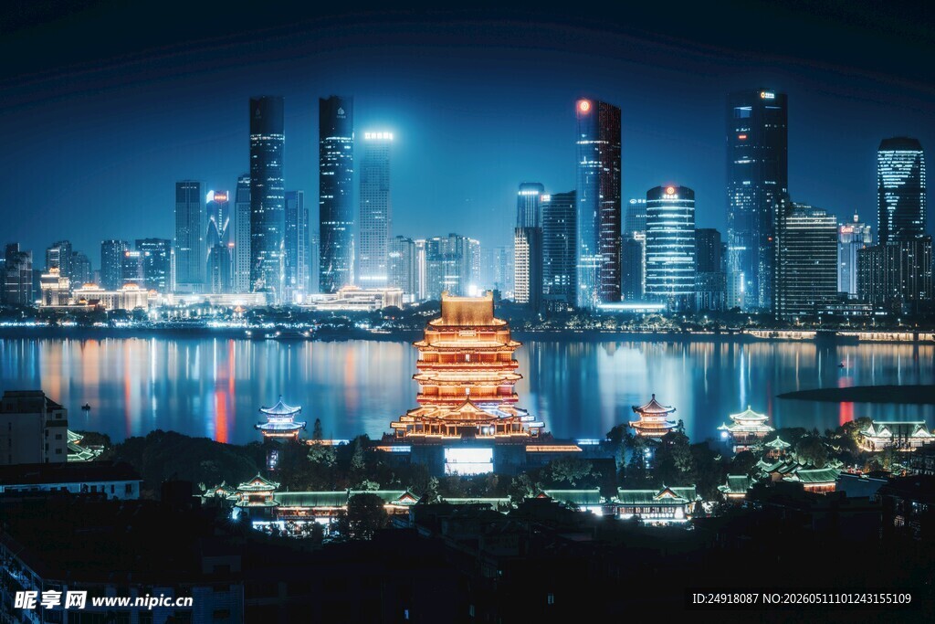 城市湖畔古塔夜景风光