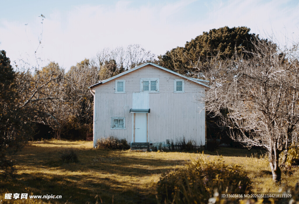 乡村白色小屋静谧自然景
