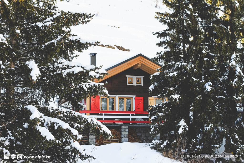雪林中的红顶小屋