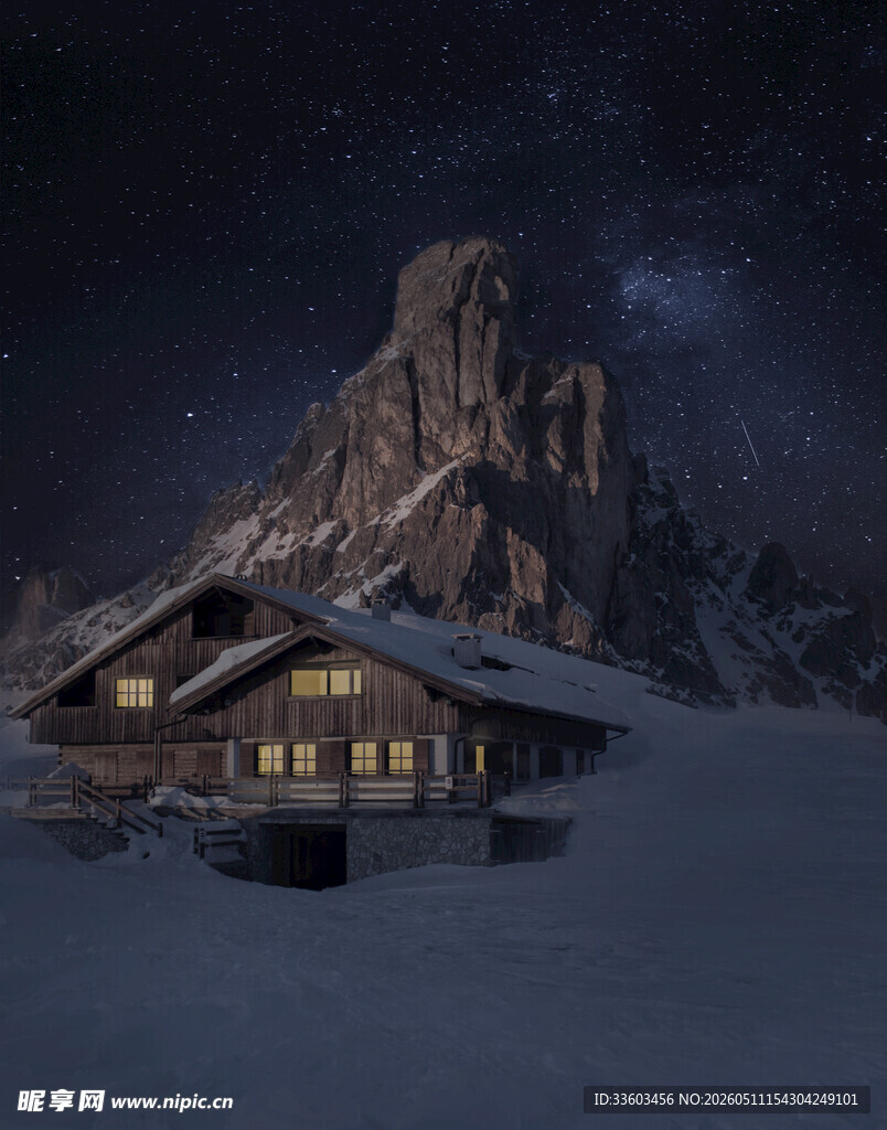 雪夜山间小屋的静谧美景