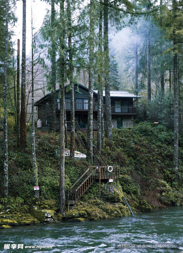 湖畔林间小屋的静谧景致