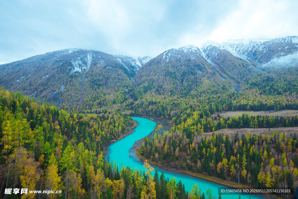 山间蓝河穿林绕雪山