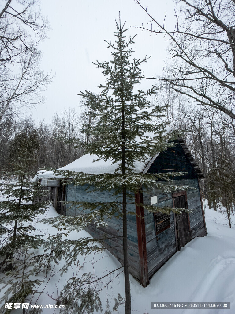 雪林中的古朴小屋