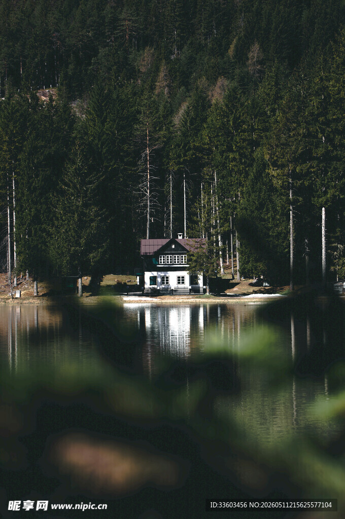 湖畔林间小屋的静谧景致