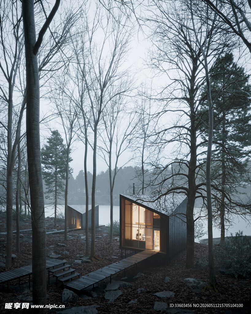 林间湖畔小屋