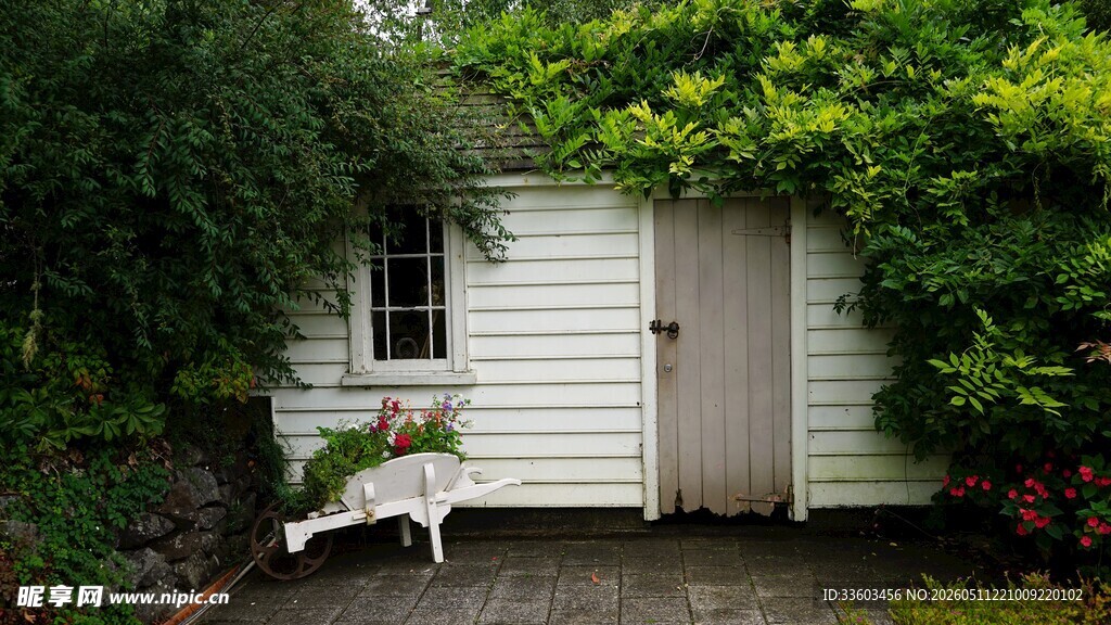 绿植环绕的白色小屋
