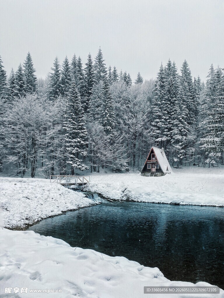 冬日雪景中的静谧湖泊