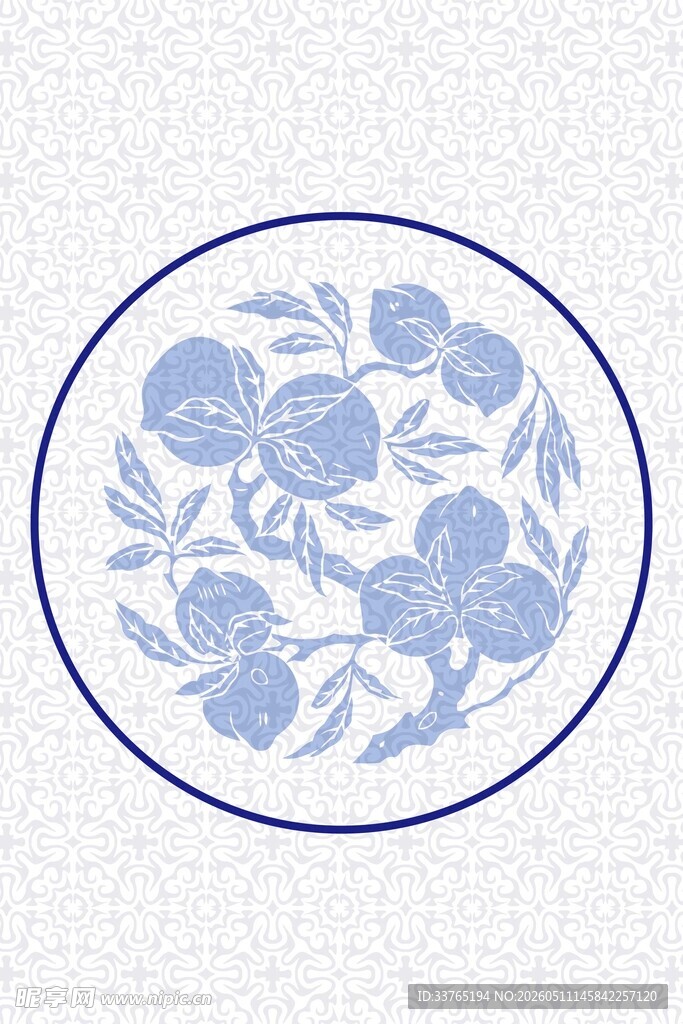 蓝白花卉圆形图案