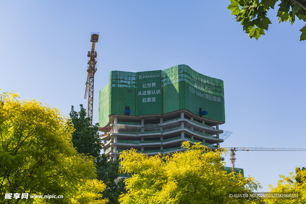 在建高楼与葱郁树木景观