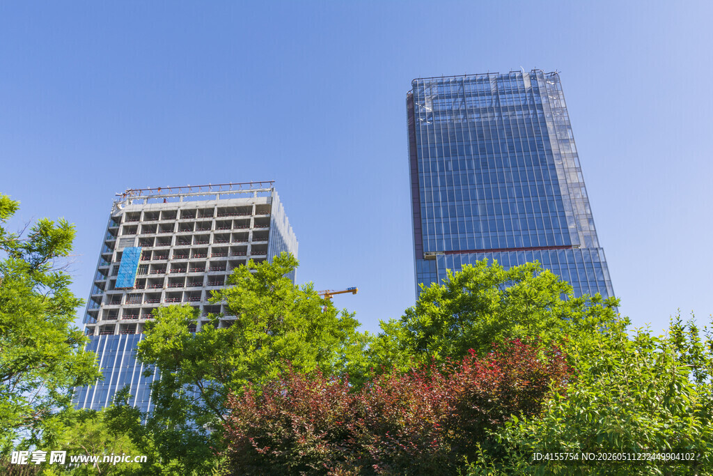 城市高楼与葱郁绿树景观