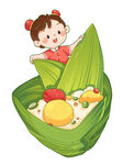 小女孩坐在粽叶包裹的食物上
