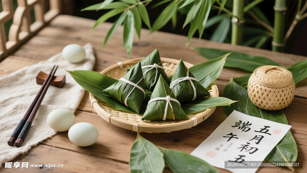 端午节粽子与筷子竹叶