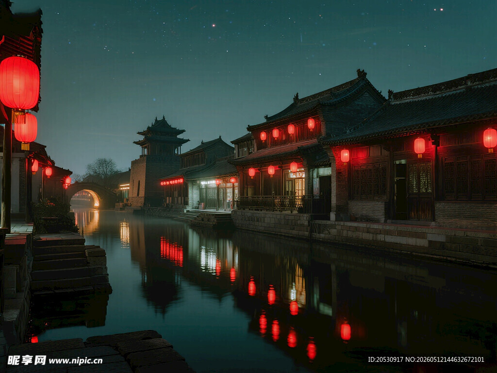 红灯笼暖光平遥古城夜景