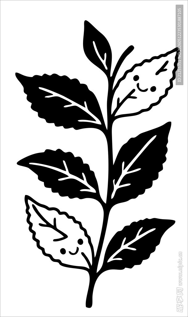 手绘黑白色植物枝叶图