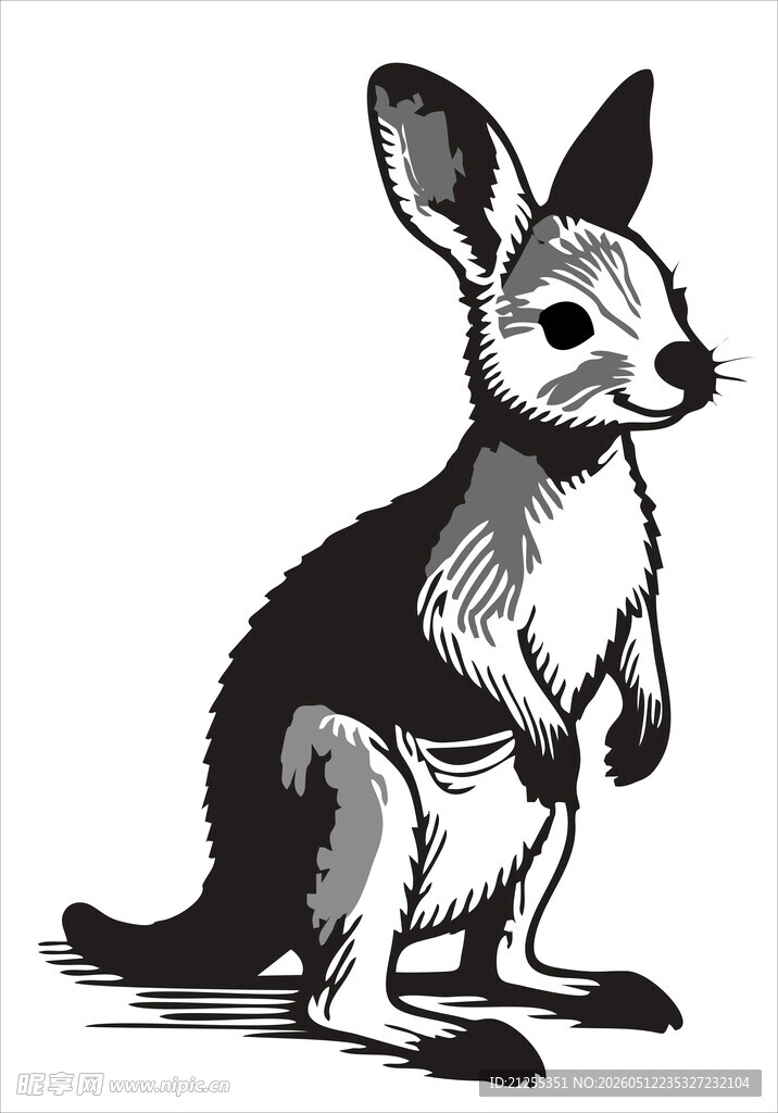 站立的袋鼠黑白插画
