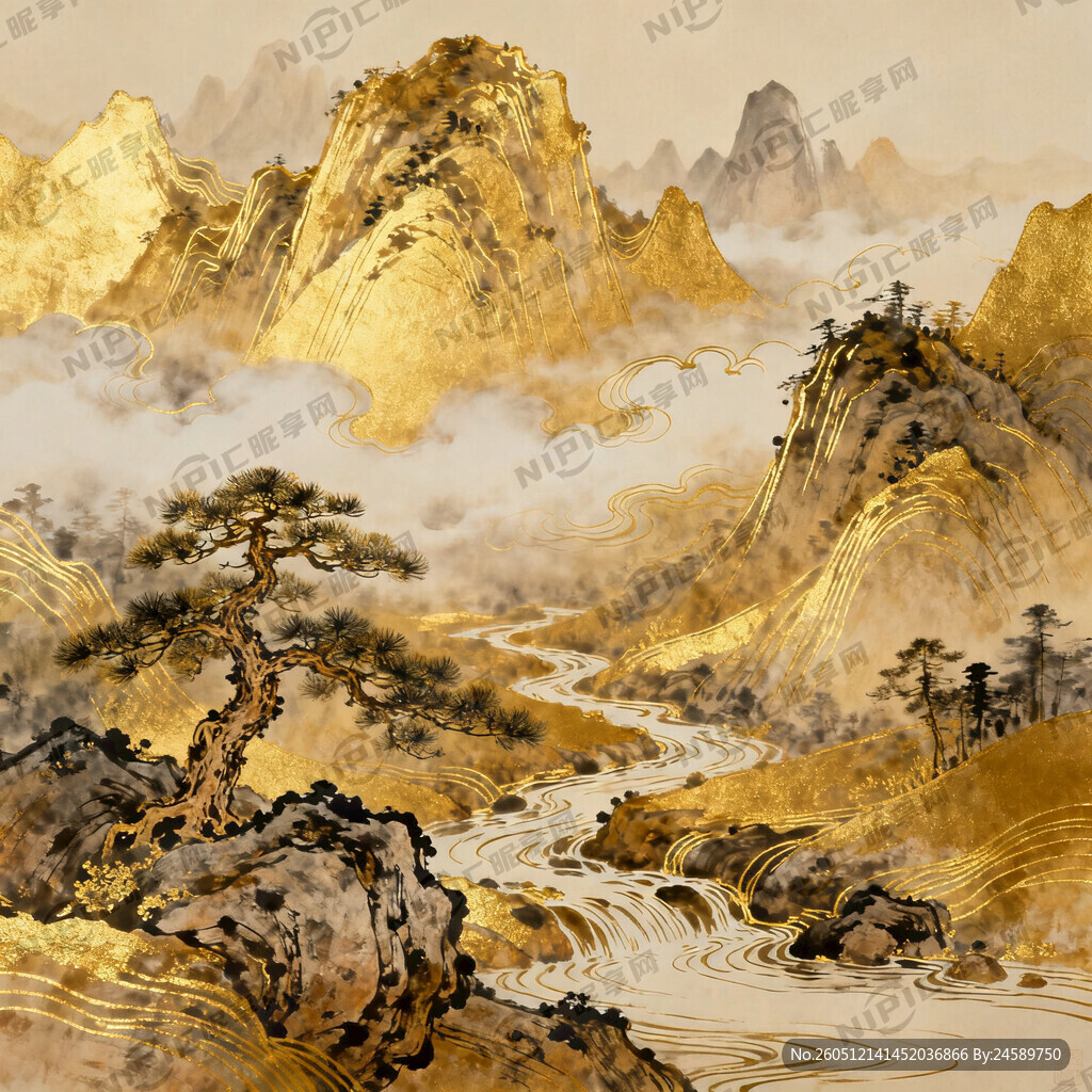 中式琥珀金线条状山水画