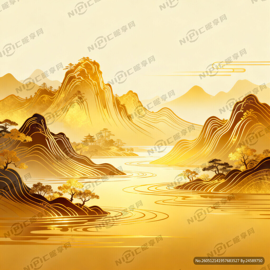 中式琥珀金线条状山水画