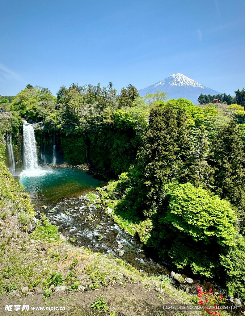 山间瀑布与葱郁植被景观