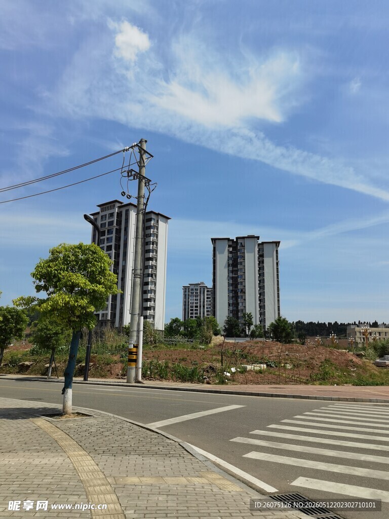 城市道路旁的高楼景观