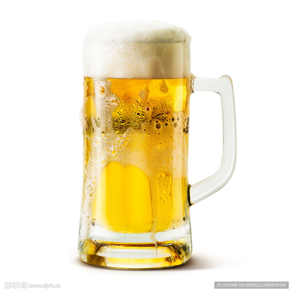 满溢泡沫的玻璃啤酒杯