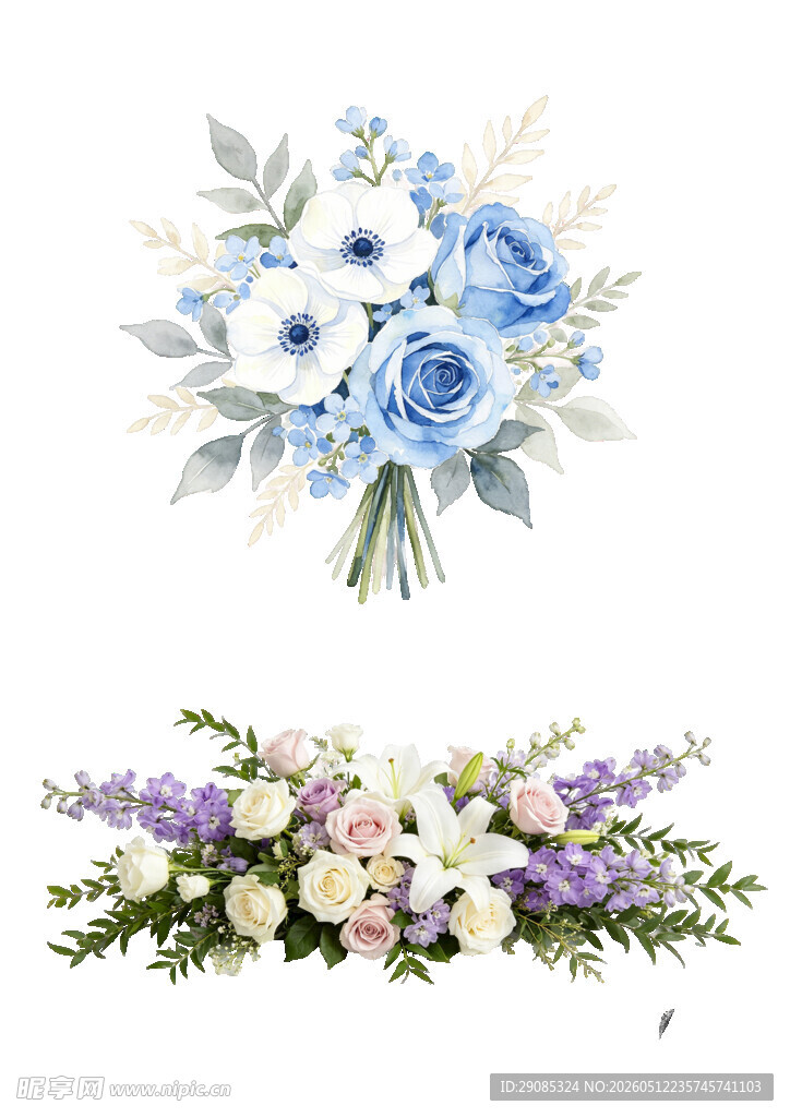 蓝白色系精美花卉花艺组合
