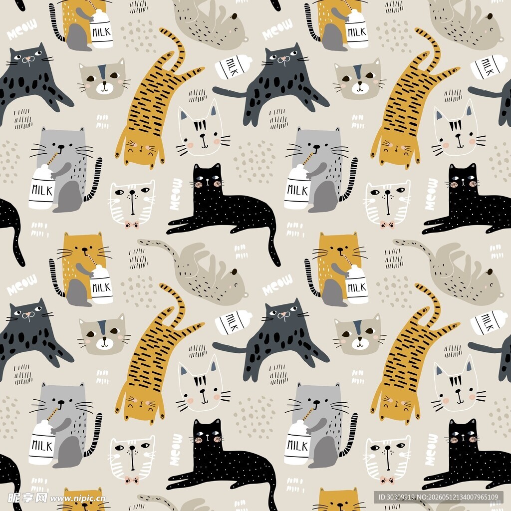 卡通猫咪图案四方连续