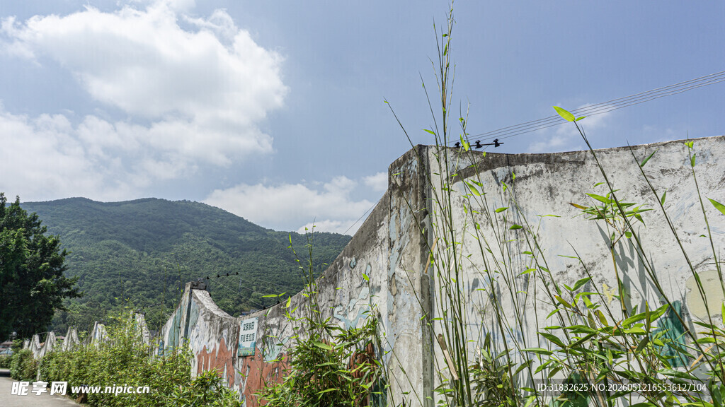 破旧围墙旁的山野景致
