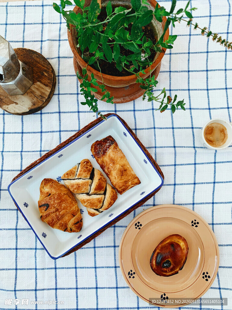 美味糕点与绿植的惬意组合
