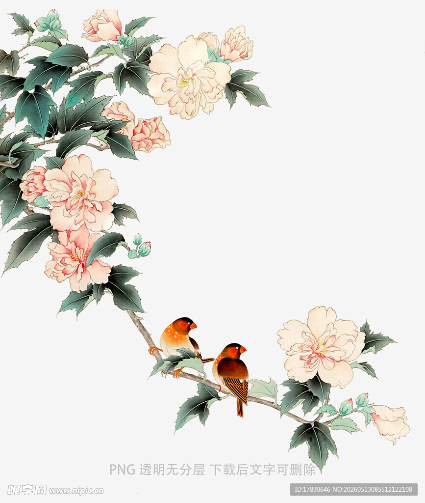 花鸟图绘双雀栖于花枝间