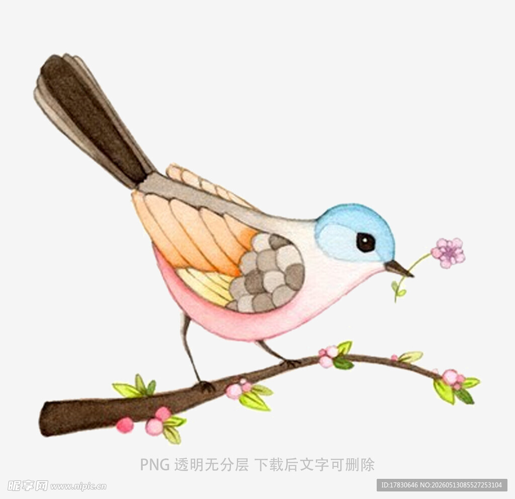 枝头小鸟衔花图