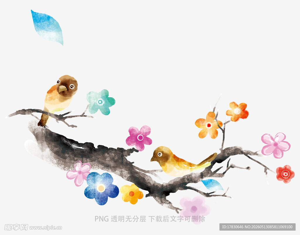 水墨枝头双鸟与繁花