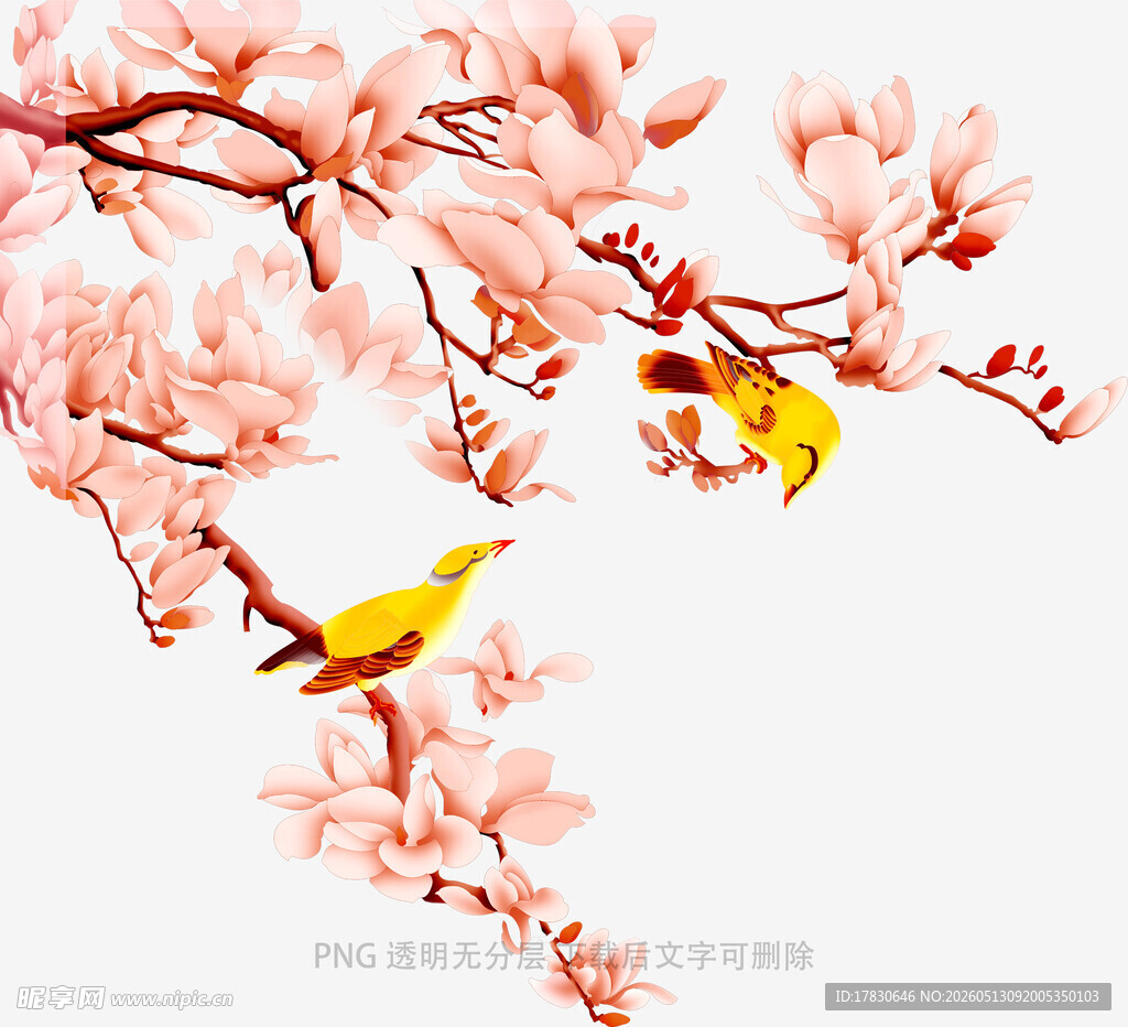 枝头桃花俏双鸟相依偎