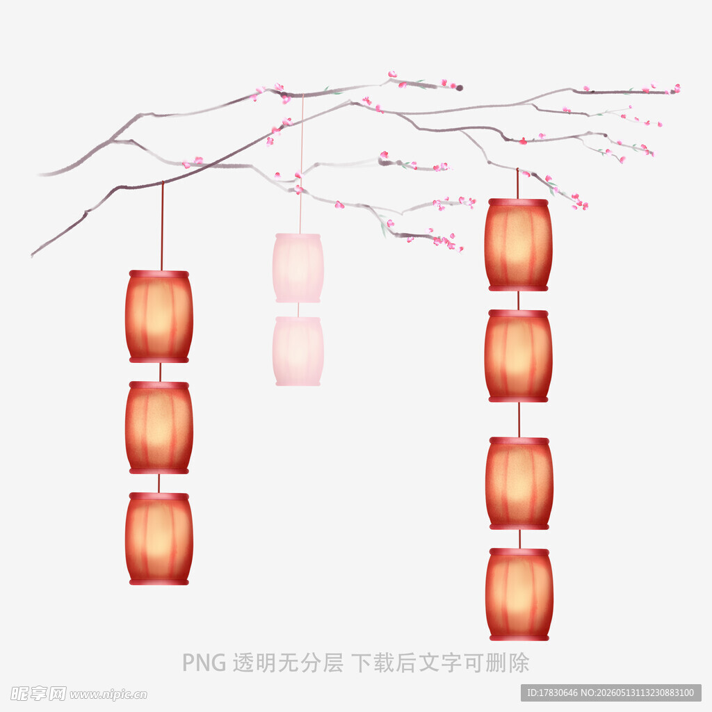 中式手绘灯笼与花枝图案