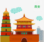 西安标志性建筑插画