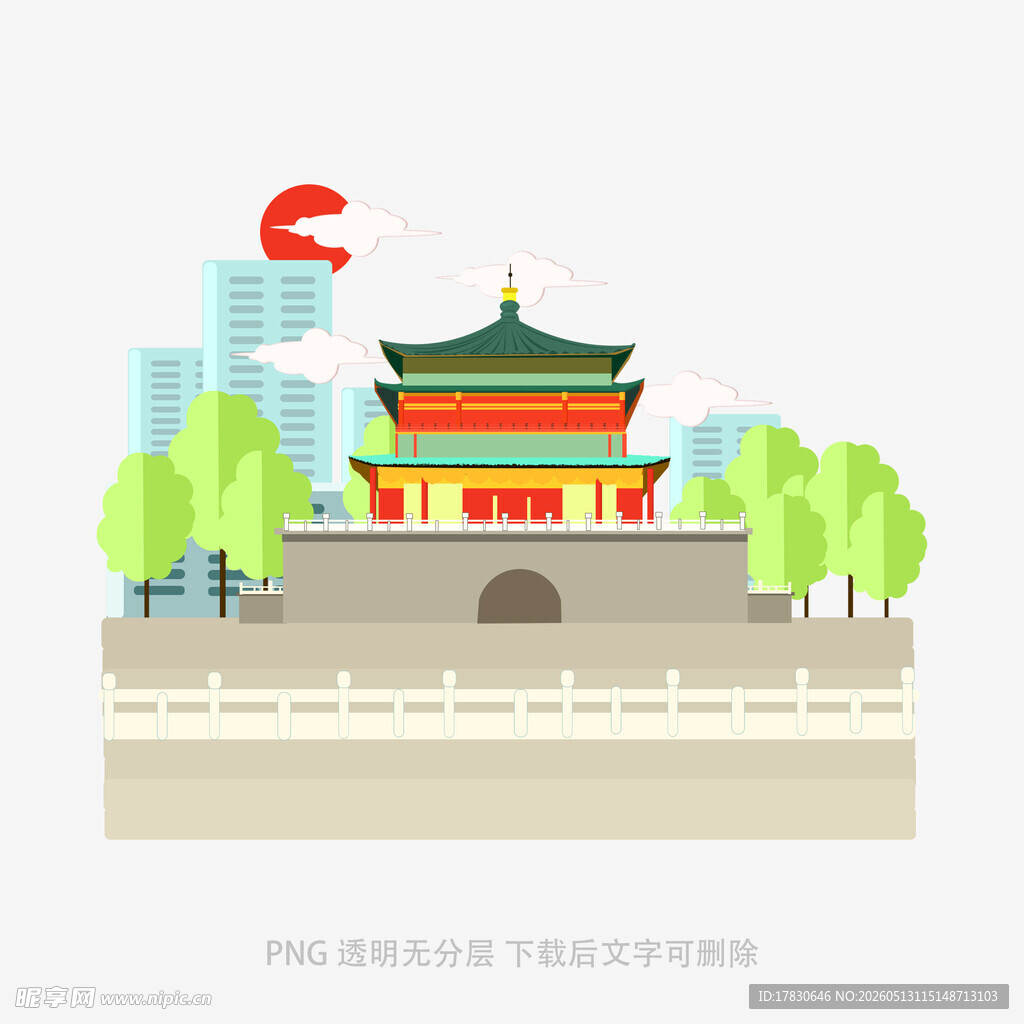 中式古建筑与绿树景观