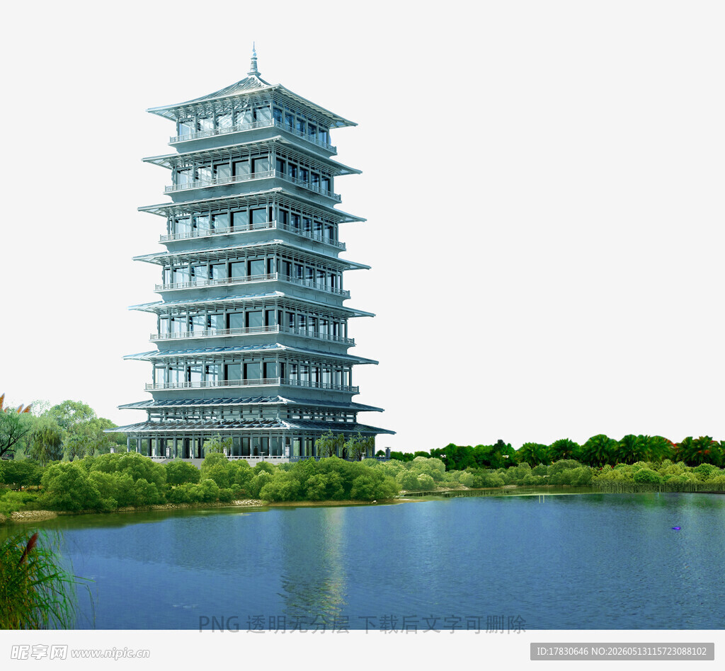 湖畔多层古塔景观