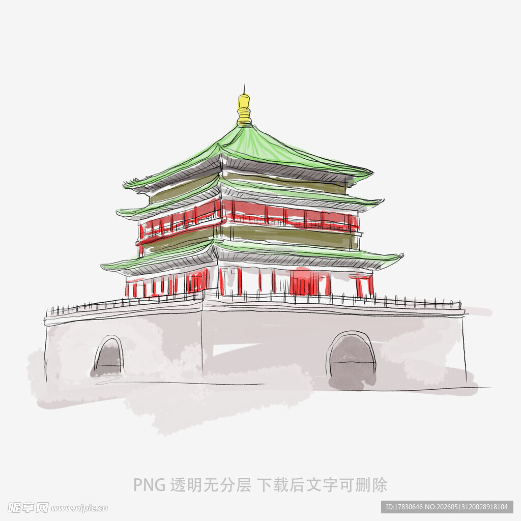 古风中式塔楼建筑手绘