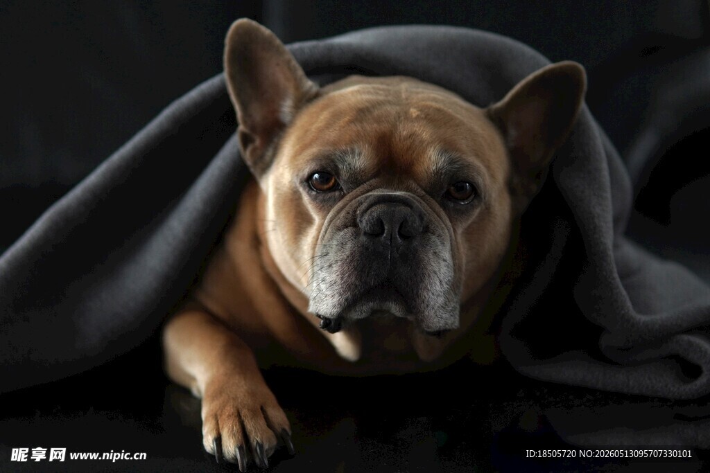 裹毛毯的可爱法斗犬
